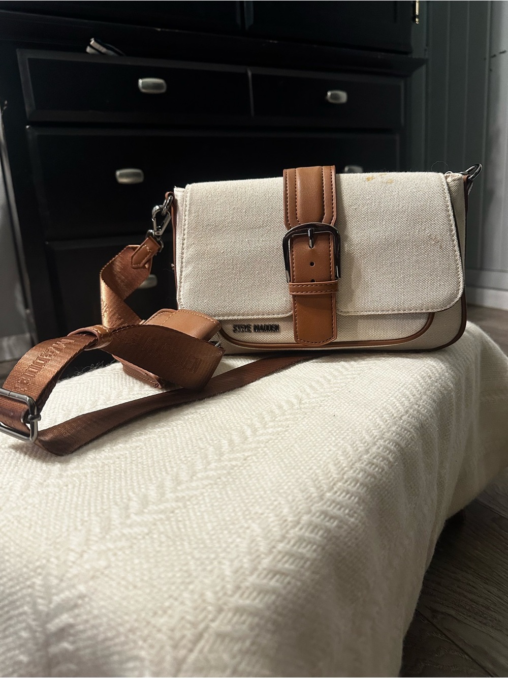 Steve Madden Cream Canvas Crossbody with Tan Leather Trim and Buckle